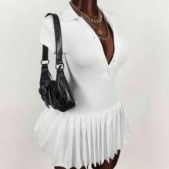 Amplova Women's Solid Color Short Sleeve Polo Collar Pleated Hem Dress - Picture 1 of 1